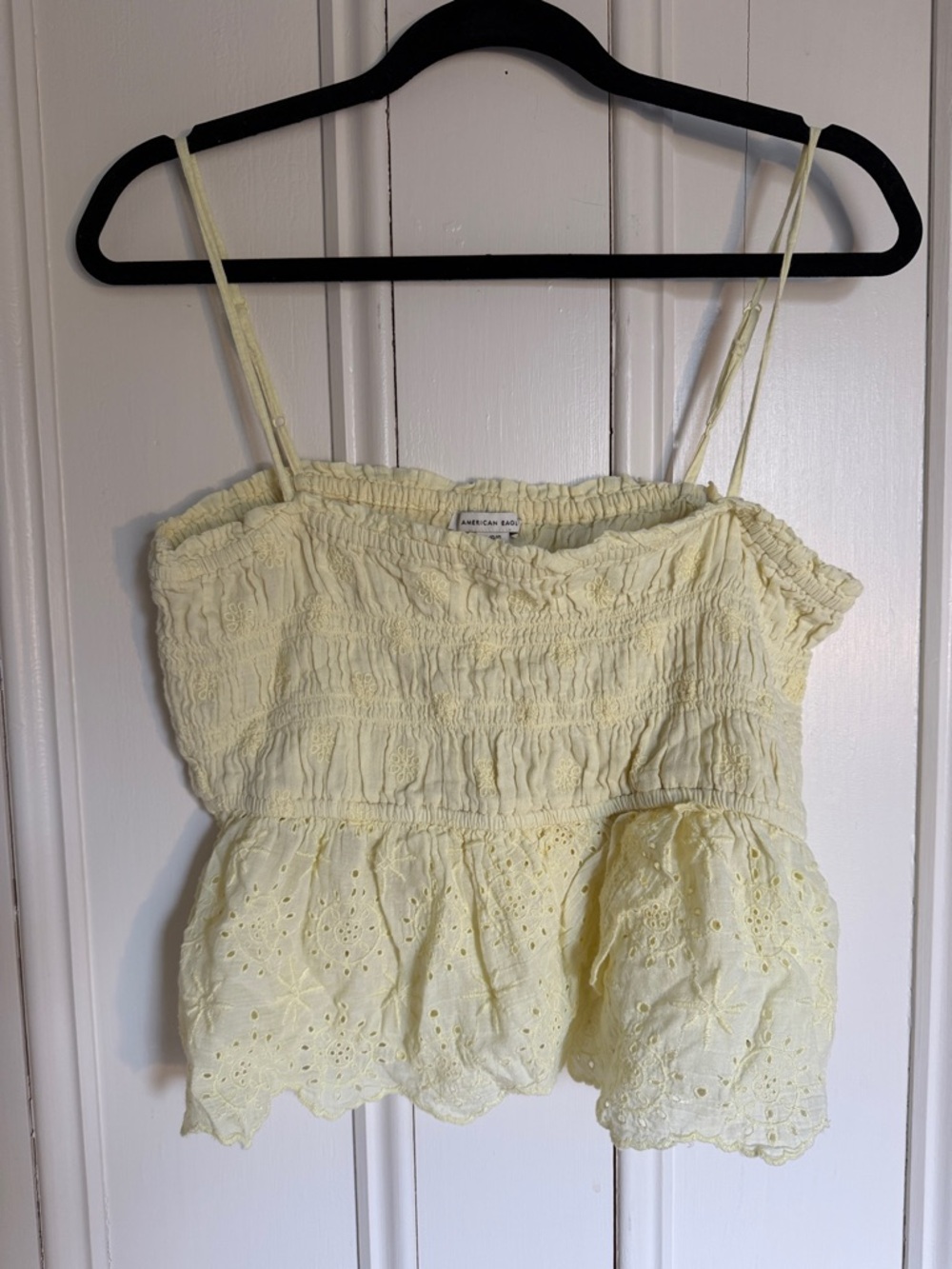 American Eagle Outfitters Pale Yellow Eyelet Smocked Peplum Cami